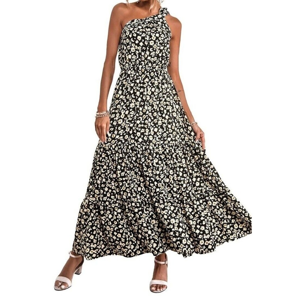 Prettygarden Maxi Dress One Shoulder Floral Print Ruffle‎ Hem Black Size S